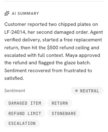 The AI summary panel on a conversation: a written recap, a positive sentiment badge and the detected topics.